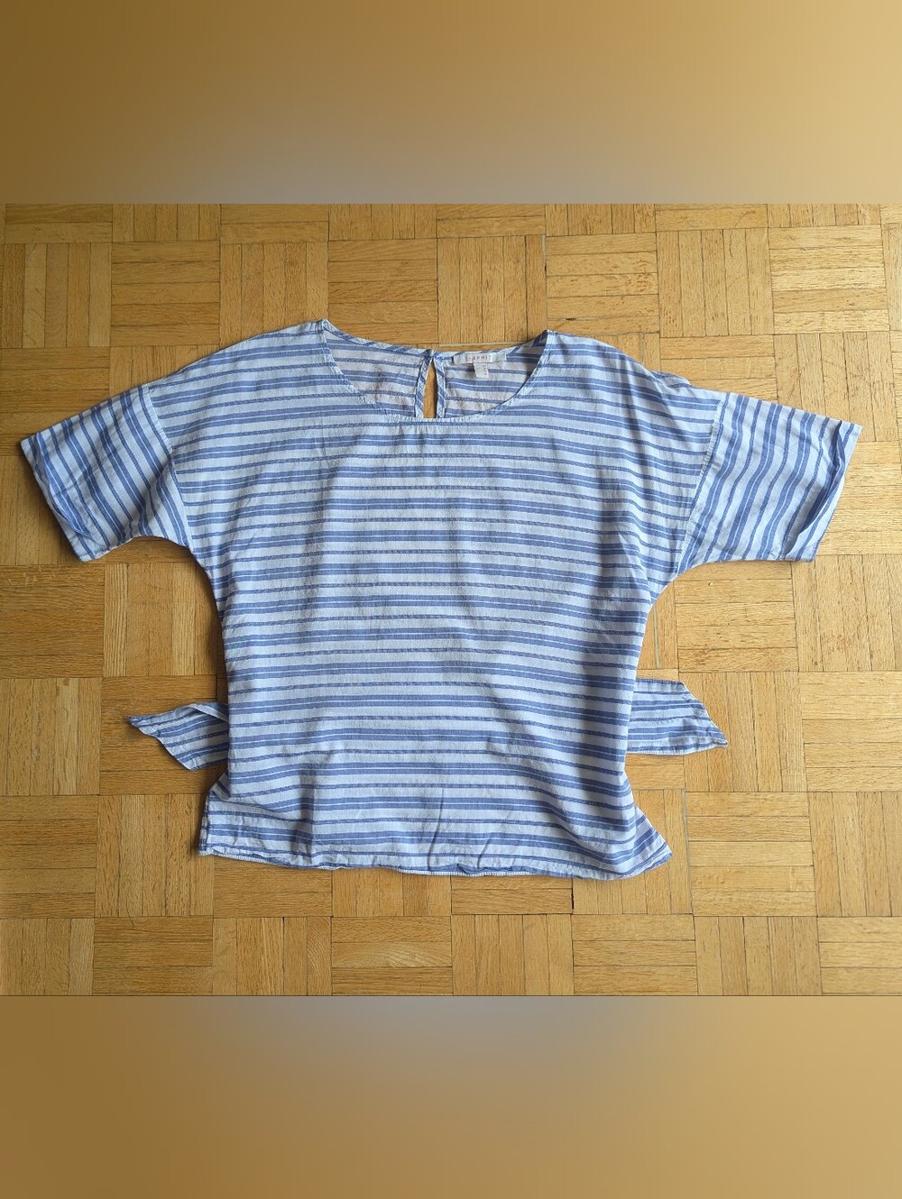 Esprit Light Blue and White Striped Cotton Tie-Back Blouse